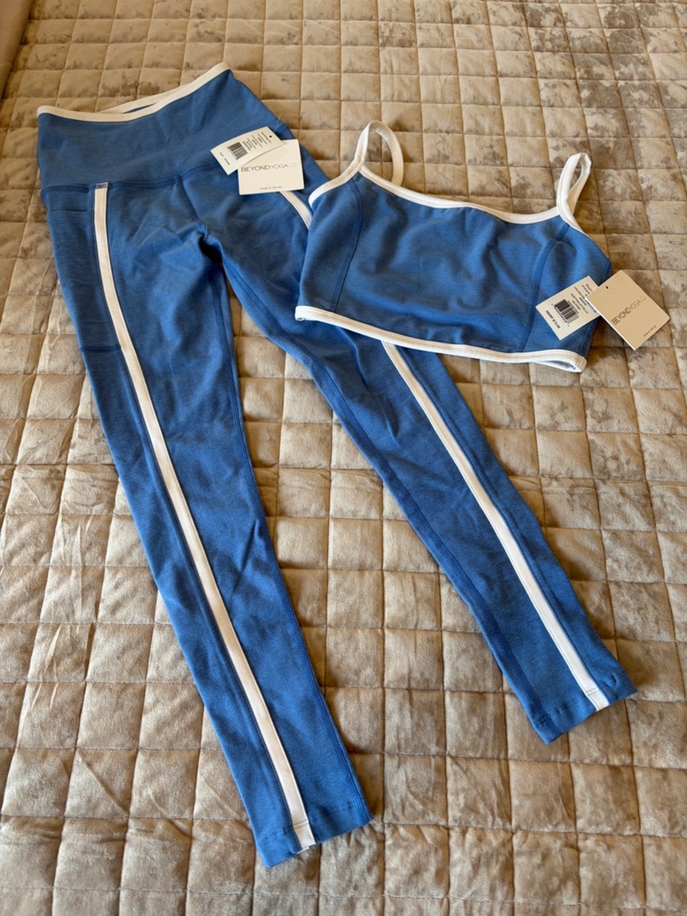 Beyond Yoga Blue Set with White Trim